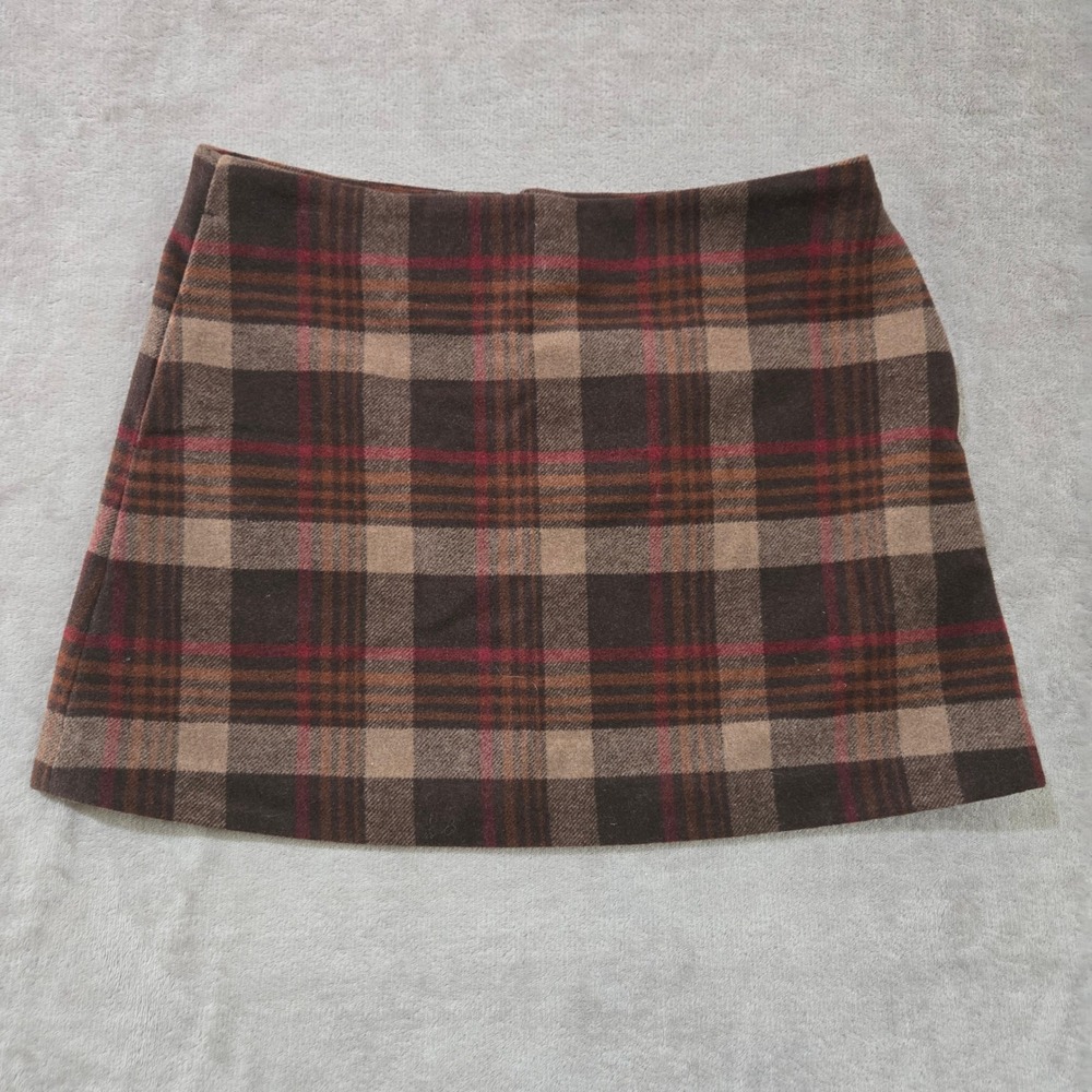 Uniqlo Plaid Wool Blend Mini Skirt Women 12 Brown Tartan Dark Academia Preppy